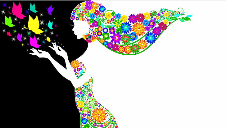 ilustrasi bertema wanita bunga warna-warni, gadis, kupu-kupu, bunga, putih, rambut, tangan, gaun, hitam, siluet.Profil, Wallpaper HD