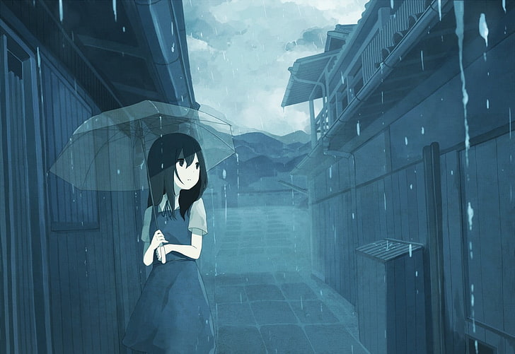 animeflickor, regn, paraply, stad, HD tapet