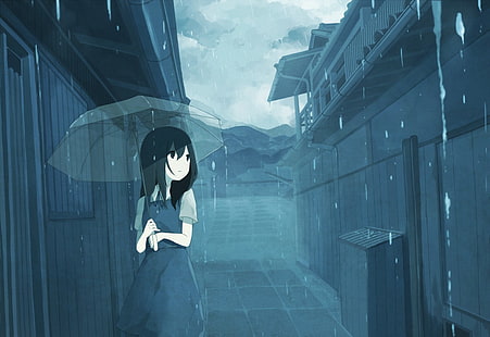 аниме девушки, дождь, зонт, город, HD обои HD wallpaper