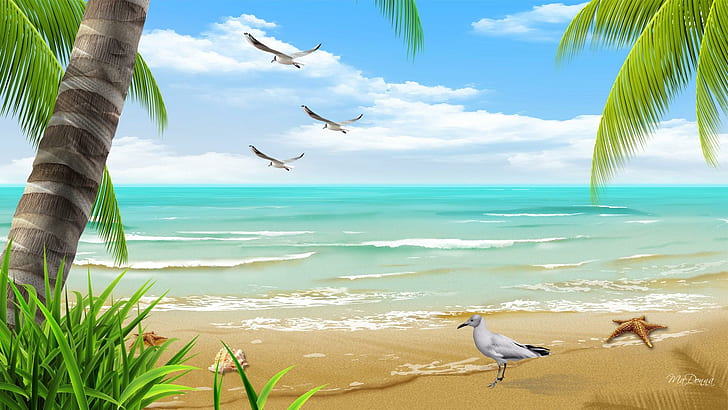 By The Beautiful Sea, relax, honeymoon, romantic, tropical, seagulls, grass, serene, water, star fish, sand, ocean, waves, HD wallpaper