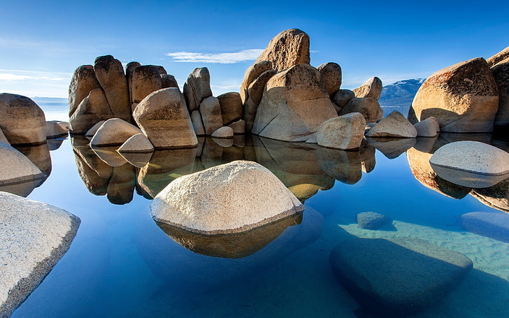 rocas marrones y mar, paisaje, naturaleza, piedras, Fondo de pantalla HD
