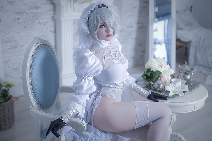 women, model, indoors, women indoors, cosplay, video games, video game characters, video game girls, Nier: Automata, 2B, Sai Westwood, 2B (Nier: Automata), white clothing, short hair, silver hair, thigh-highs, hair over one eye, thighs, looking at viewer, HD wallpaper