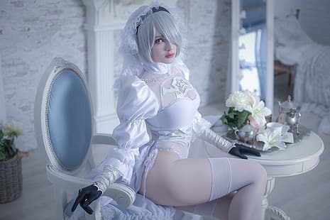  women, model, indoors, women indoors, cosplay, video games, video game characters, video game girls, Nier: Automata, 2B, Sai Westwood, 2B (Nier: Automata), white clothing, short hair, silver hair, thigh-highs, hair over one eye, thighs, looking at viewer, HD wallpaper HD wallpaper