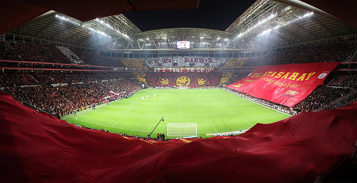 football field, Galatasaray S.K., Turk Telekom Arena, soccer pitches, soccer, fans, yellow, red, HD wallpaper