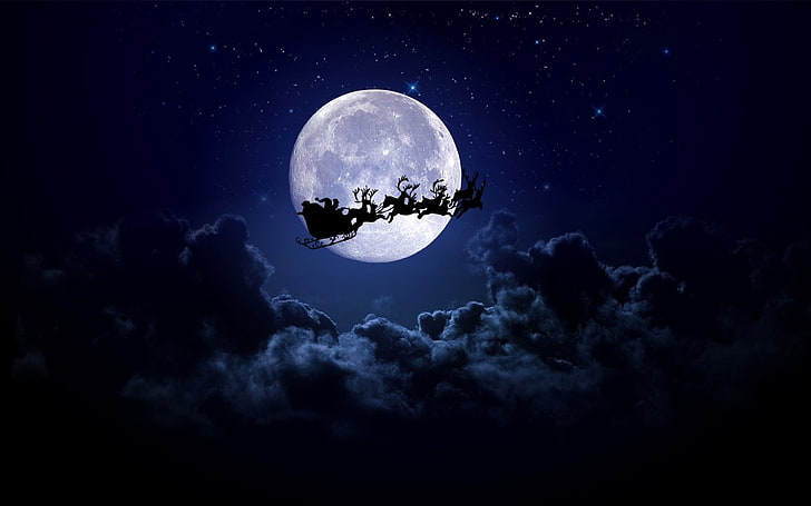 Slitta trainata da Babbo Natale con renne, Natale, Luna, Slitta natalizia, Babbo Natale, renne, nuvole, Sfondo HD