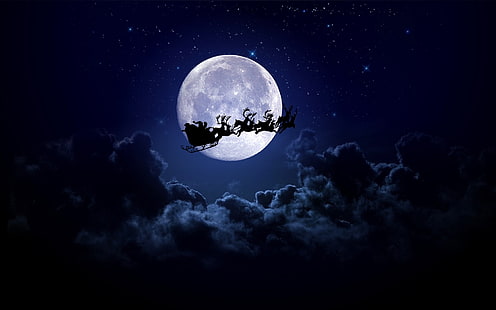 Санта клаус катание на санях с оленями обои, Рождество, луна, рождественские санки, санта, дед мороз, олени, облака, HD обои HD wallpaper