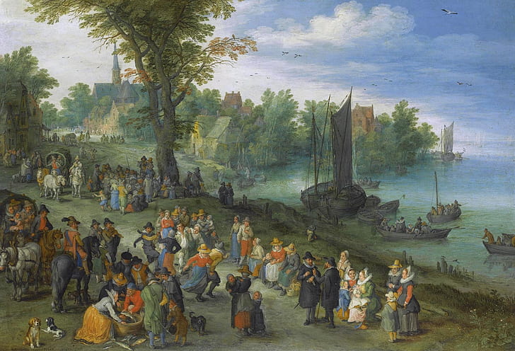paesaggio, persone, foto, commerci, Jan Brueghel il vo, Mercato del pesce sul fiume, Sfondo HD