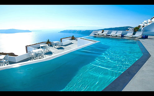 six white pool loungers, hotel, swimming pool, HD wallpaper HD wallpaper