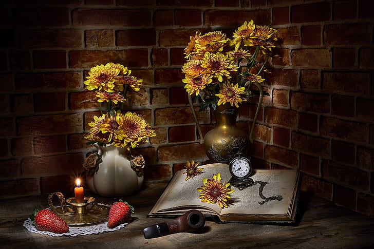 flowers, berries, the dark background, candle, bouquet, yellow, strawberry, book, bricks, still life, items, chrysanthemum, composition, HD wallpaper