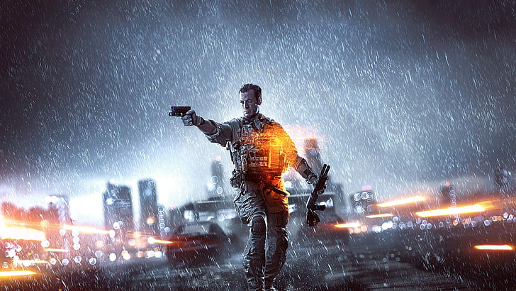 Battlefield 4 poster, Gun, Rain, Weapons, Electronic Arts, Shotgun, DICE, Battlefield 4, BF4, Soldiers, HD wallpaper