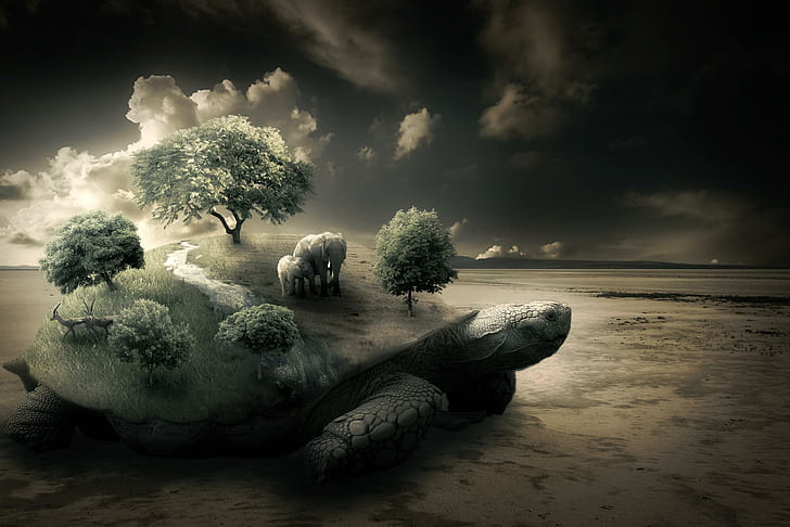 Surreal, illustration of turtle island, animals, surreal, HD wallpaper
