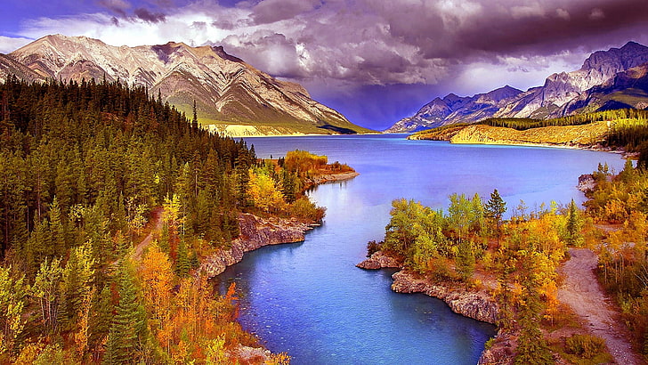 nature, wilderness, sky, mountain, lake, canada, abraham lake, clearwater county, banff national park, national park, autumn, water, rocky mountains, HD wallpaper
