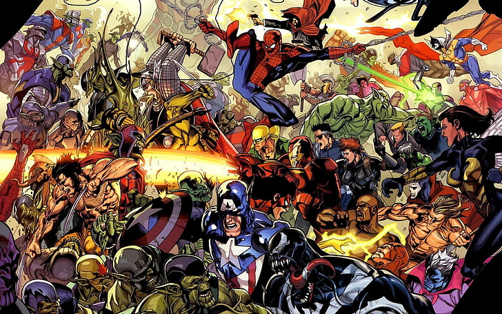 Marvel heroes digital wallpaper, Marvel Comics, superhero, Spider-Man, Venom, Iron Man, Captain America, Thor, Wolverine, Iron Fist, HD wallpaper