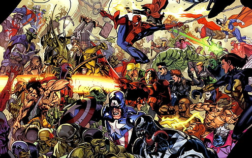Marvel heroes digital wallpaper, Marvel Comics, superhero, Spider-Man, Venom, Iron Man, Captain America, Thor, Wolverine, Iron Fist, HD wallpaper HD wallpaper