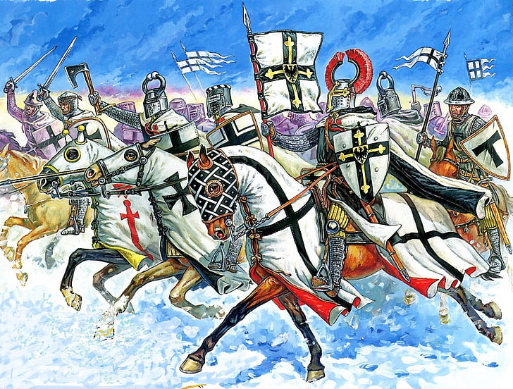 knights riding on horse wallpaper, winter, field, snow, attack, cats, figure, stockings, art, swords, battle axe, shields, spears, hats, cloaks, mittens, the standard-bearer, mounted knights, banner(sign), crusading Teutonic symbolism, 13век, liner, mail 