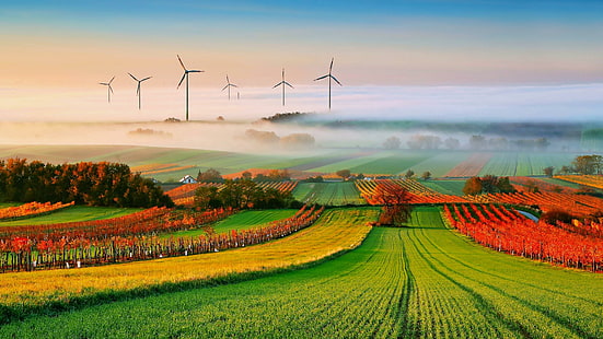manhã, fazenda, moinhos de vento, estação de colina, colina, outono, turbina, céu, amanhecer, agricultura, pastagens, moinho de vento, paisagem, campo, natureza, terra, nevoeiro, HD papel de parede HD wallpaper