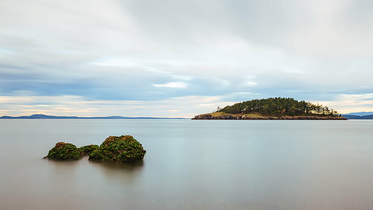 landscape photography of an island, Patiently, Waiting, landscape photography, Deception Pass, long exposure, water, smooth  island, seascape, sky, Canon EOS 5D Mark III, B+W, ND, 1000x, Pacific Northwest, Canon EF, 70mm, f/2, USM, washington, HD wallpaper