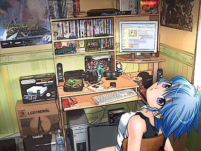 fondo de pantalla de chica de personaje de anime de pelo azul, chicas de anime, cabello corto, cabello azul, personajes originales, anime, Fondo de pantalla HD HD wallpaper