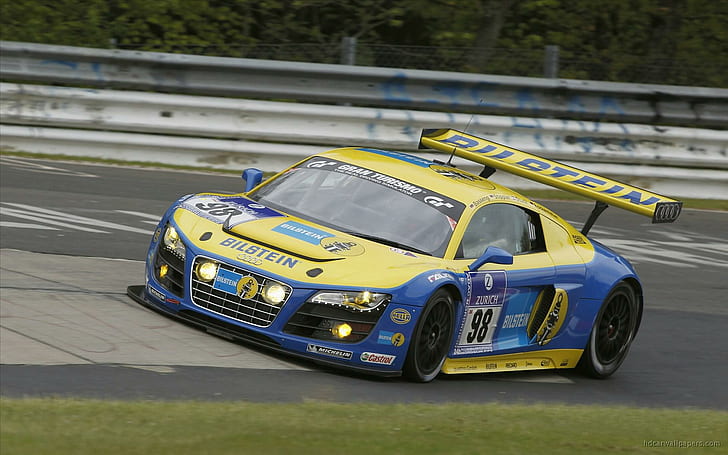 Audi R8 LMS 2011 года, желтый и синий спортивный автомобиль, 2011 год, audi, автомобили, HD обои