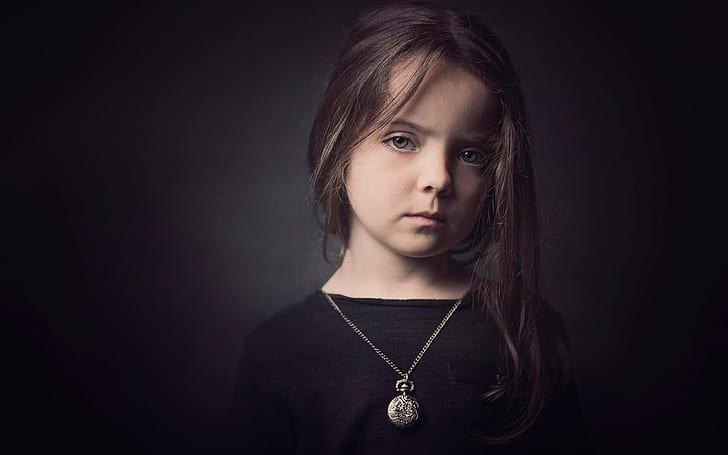 Cute little girl, black dress, black background, silver round necklace, Cute, Little, Girl, Black, Dress, Background, HD wallpaper