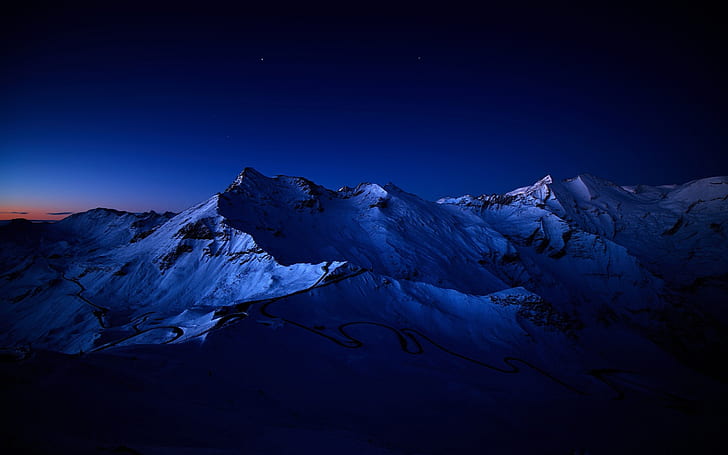 Noche oscura, nieve, cielo, montañas, paisaje, Fondo de pantalla HD