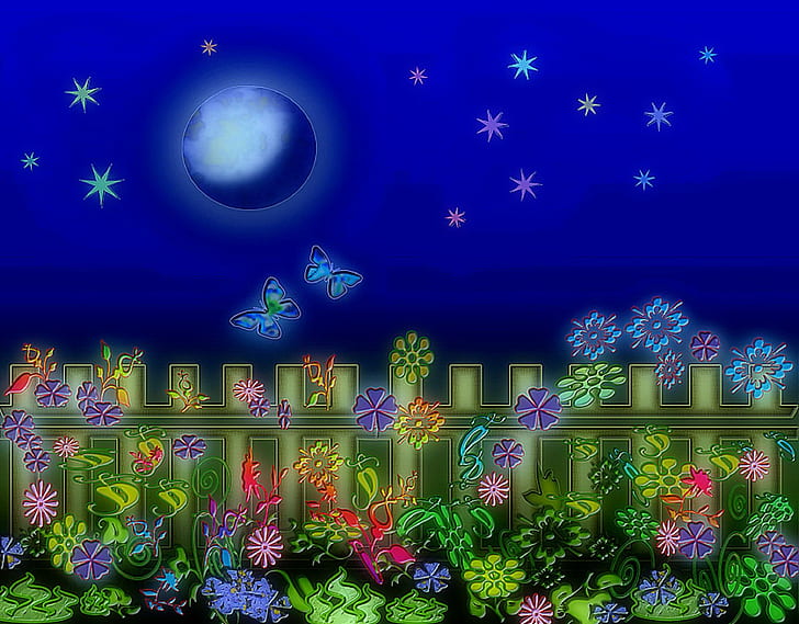 Moonlight Shining Fence, adorable, creative-pre--made, butterfly-designs, colorful, colors, flowers, plants, softness-beauty, digital, HD wallpaper