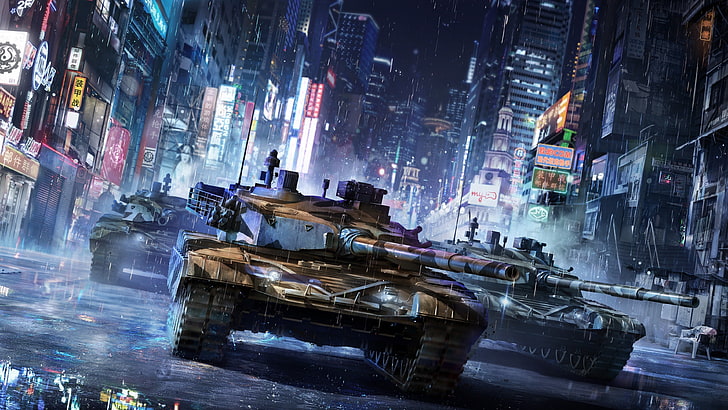 brown and grey panzers, Armored Warfare, video games, tank, military, city, night, Asia, rain, HD wallpaper