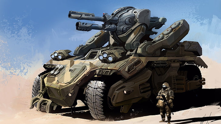 brown and green battle tank wallpaper, cyberpunk, armored vehicle, soldier, HD wallpaper