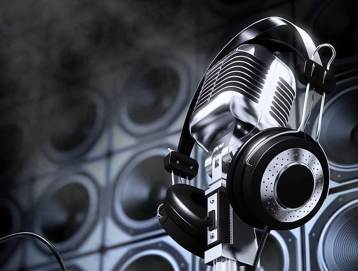 auriculares con cable gris y negro, abstracción, retro, fondo, dinámica, arte, neblina, auriculares, micrófono, papel tapiz., Fondo de pantalla HD