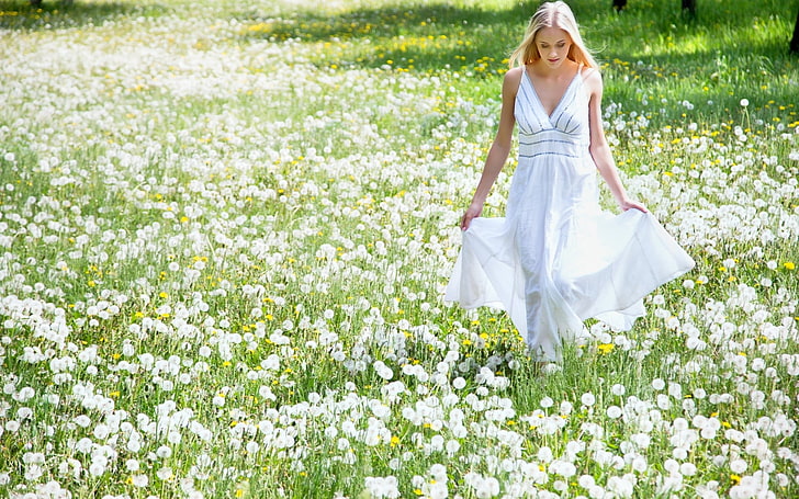 women, long hair, blonde, model, women outdoors, field, white dress, flowers, dandelion, nature, HD wallpaper