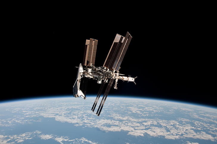 satélite gris y blanco, espacio, estación espacial, transbordador espacial, Tierra, planeta, ISS, nave espacial, estación espacial internacional, transbordador espacial Endeavour, Fondo de pantalla HD
