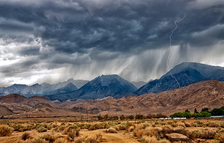 mountains, rain, desert, Nevada, near Bishop, Eastern Sierra, monsoon, HD wallpaper