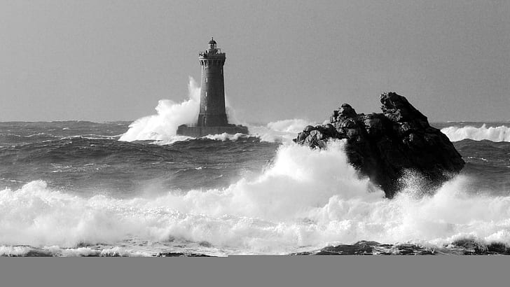 BW Lighthouse Waves Ocean Rocks Stones HD, nature, ocean, bw, rocks, stones, lighthouse, waves, HD wallpaper