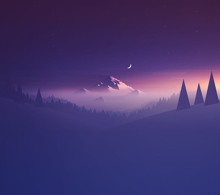 Illustration des Berges, Mond, Lila, Berg, Minimalismus, Abstraktion, HD-Hintergrundbild