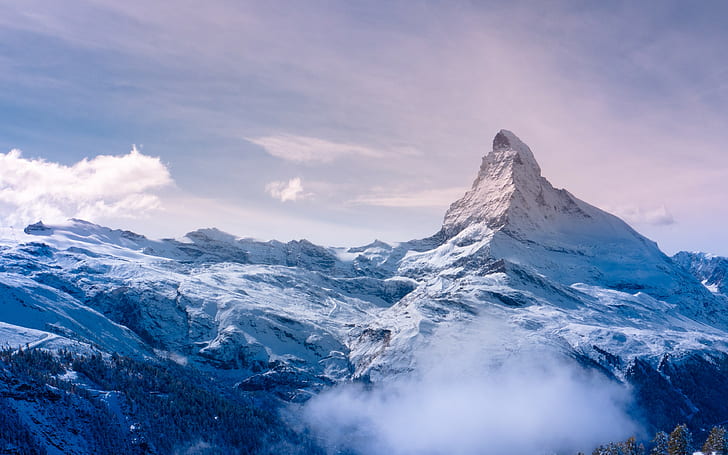 Matterhorn, góry, przyroda, krajobraz, śnieg, Szwajcaria, Alpy, chmury, zaśnieżony szczyt, Europa, Alpy Szwajcarskie, Tapety HD