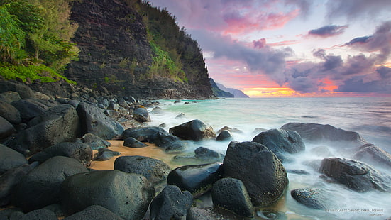 Pôr do sol na costa de Na Pali, Kauai, Havaí, Praias, HD papel de parede HD wallpaper