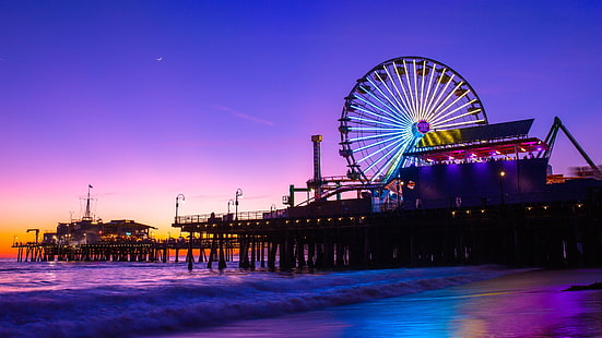 Santa Monica, molo, noc, molo Santa Monica, California, Stany Zjednoczone, park rozrywki, mokry piasek, piasek, plaża, Wybrzeże, Wybrzeże, Ocean Spokojny, ocean, światła miasta, Tapety HD HD wallpaper