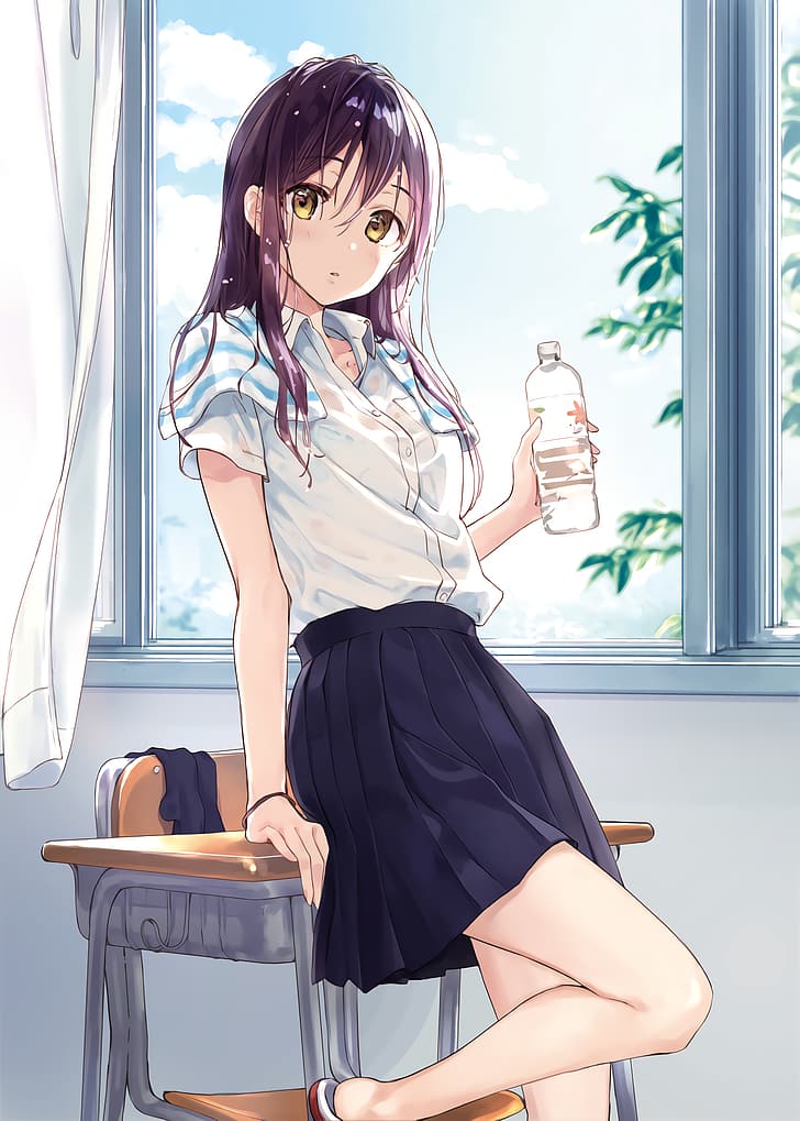 anime girls, schoolgirl, school uniform, skirt, HD wallpaper