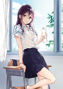  anime girls, schoolgirl, school uniform, skirt, HD wallpaper HD wallpaper