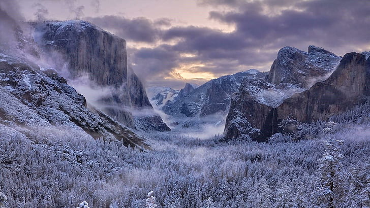 yosemite valley, tunnel view, national park, winter, yosemite national park,, hoarfrost, el capitan, forest, valley, frost, cold, cloud, HD wallpaper