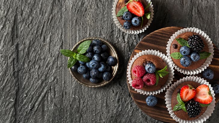 berries, raspberry, background, strawberry, BlackBerry, cupcakes, blueberries, HD wallpaper