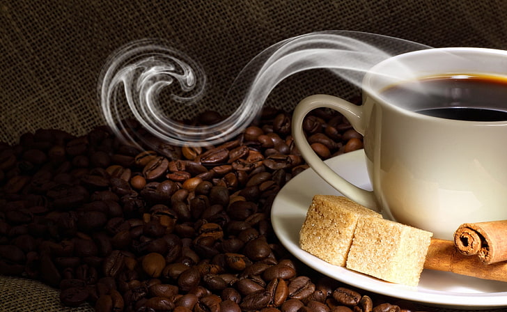 Sfondo di caffè con zucchero a velo HD, tazza da caffè in ceramica bianca, cibi e bevande, Sfondo HD