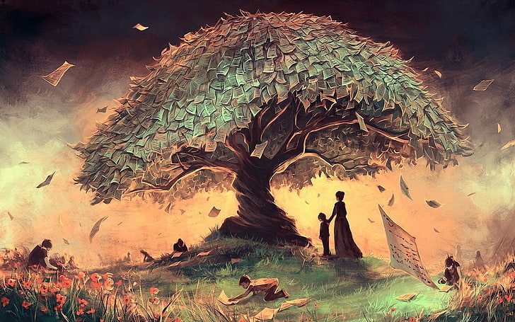 woman and children under tree wallpaper, woman and child under on tree of money illustration, digital art, fantasy art, people, painting, artwork, silhouette, nature, field, trees, women, children, grass, flowers, windy, reading, paper, sheet, AquaSixio, HD wallpaper