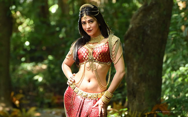 Тамилска актриса Шрути Хаасан, дамска червена и бежова традиционна рокля, актриса, тамилска, хаасан, шрути, HD тапет