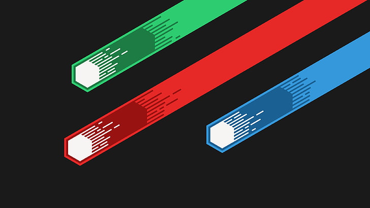 tre gröna, röda och blå randlogo, meteorer, Flatdesign, enkel bakgrund, hexagon, minimalism, vektorgrafik, vektorgrafik, utrymme, HD tapet