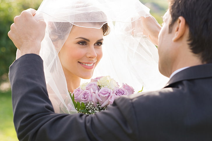 women's white wedding dress, flowers, smile, bouquet, the bride, veil, wedding, the groom, HD wallpaper