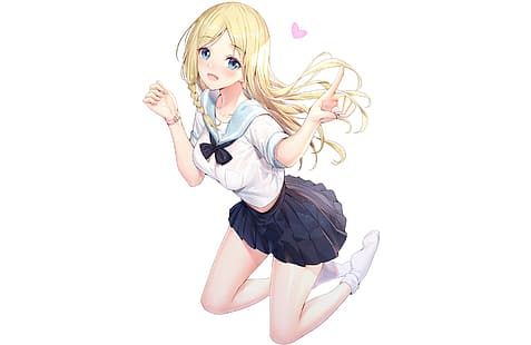 hayasaka ai, blonde, yeux bleus, uniforme scolaire, jupe, bas, fard à joues, cheveux longs, tresses, Fond d'écran HD HD wallpaper