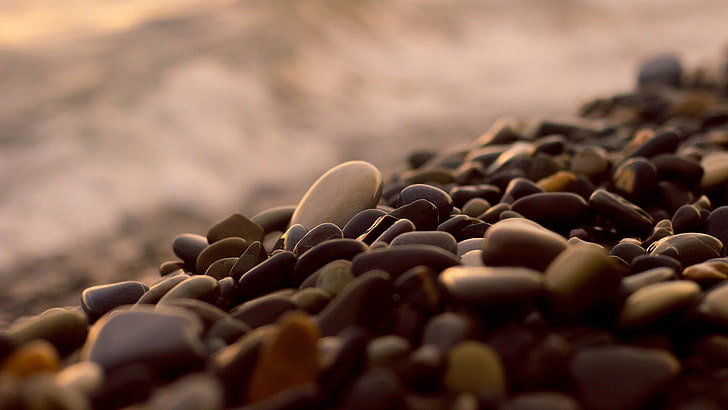 przyroda, brązowy, fotografia, niewyraźne, kamyki, naturalne światło, plaża, kamienie, Tapety HD