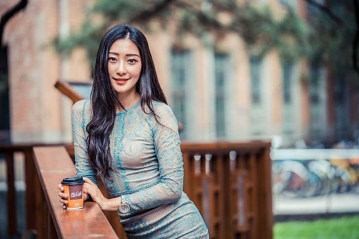 Asian, model, women, long hair, brunette, depth of field, trees, house, railing, coffee cup, bycicle, grass, wristwatch, blue dress, looking at viewer, HD wallpaper