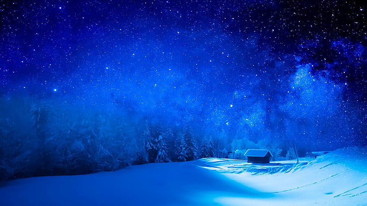winter, blue, sky, stars, light, starry sky, night sky, snow, night, HD wallpaper